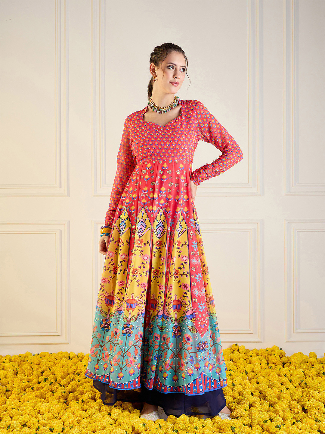 

Women Ethnic Printed Flared Sleeves Sequinned Indie Florals Georgette Anarkali Kurta, Red
