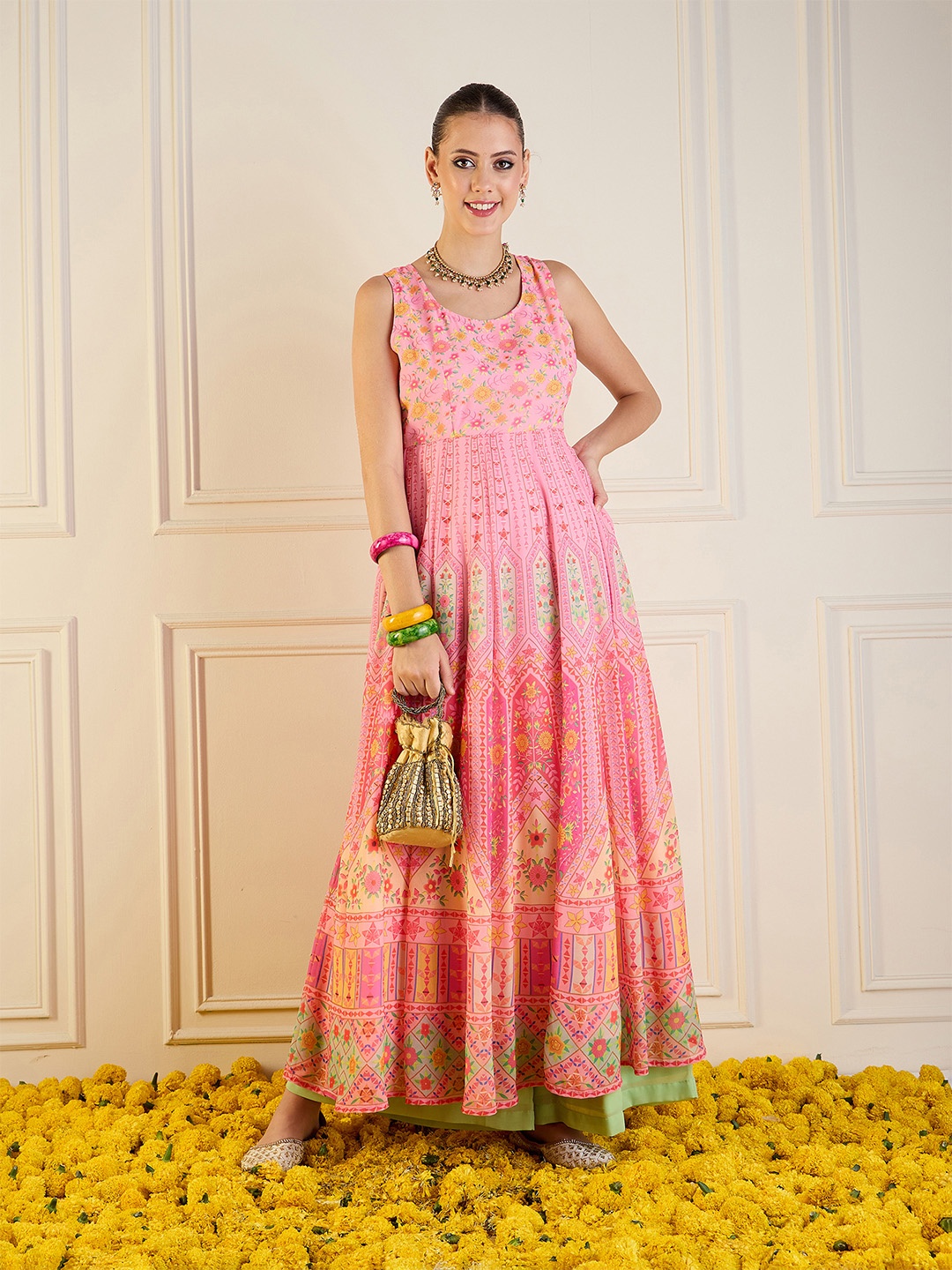 Shae by SASSAFRAS Women Floral Printed Indie Florals Georgette Anarkali Kurta, Pink