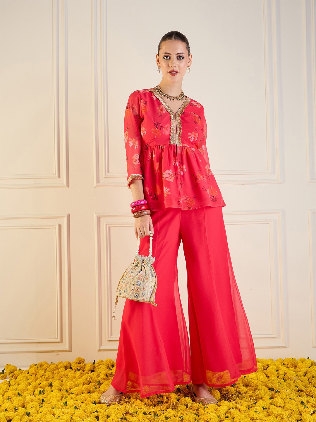 

Shae by SASSAFRAS Printed Top With Palazzo Co-Ords, Fuchsia