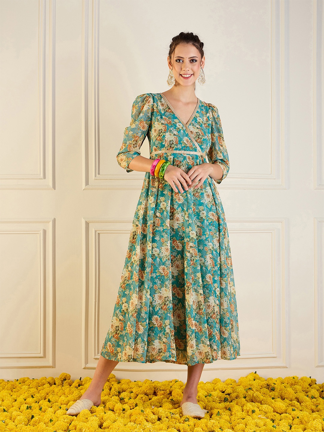 

Shae by SASSAFRAS Floral Print Georgette A-Line Midi Dress, Blue
