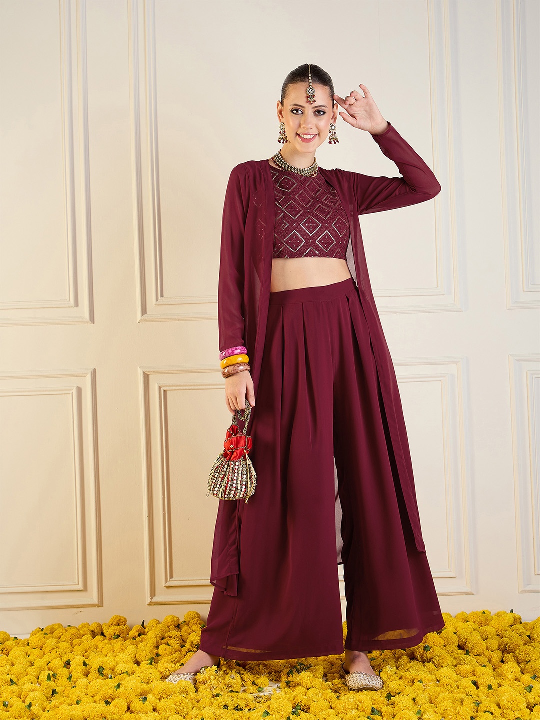 

Shae by SASSAFRAS Embroidered Top, Shrug & Palazzos Co-Ords, Maroon