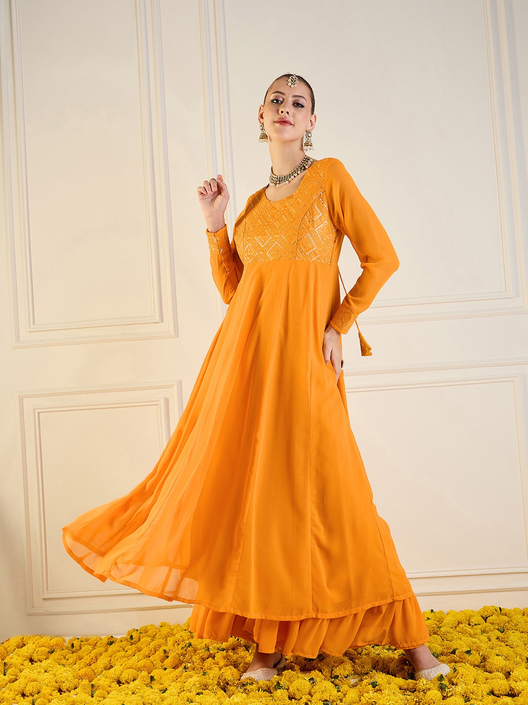 

Shae by SASSAFRAS Women Floral Yoke Design Thread Work Tiering Georgette Anarkali Kurta, Mustard