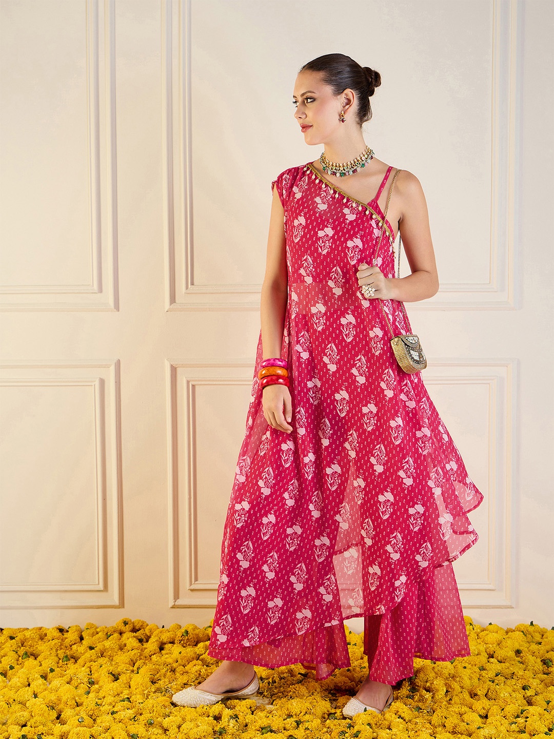 

Shae by SASSAFRAS Printed One Shoulder Top & Palazzos Co-Ords, Fuchsia
