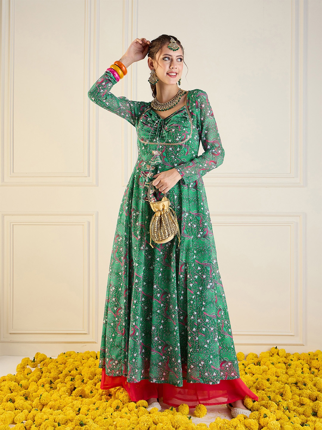 

Women Ethnic Motifs Printed Thread Work Indie Florals Georgette Anarkali Kurta, Green