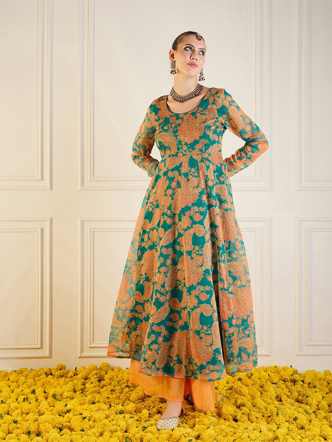 

Women Floral Printed Thread Work Indie Florals Chanderi Silk Anarkali Kurta, Green