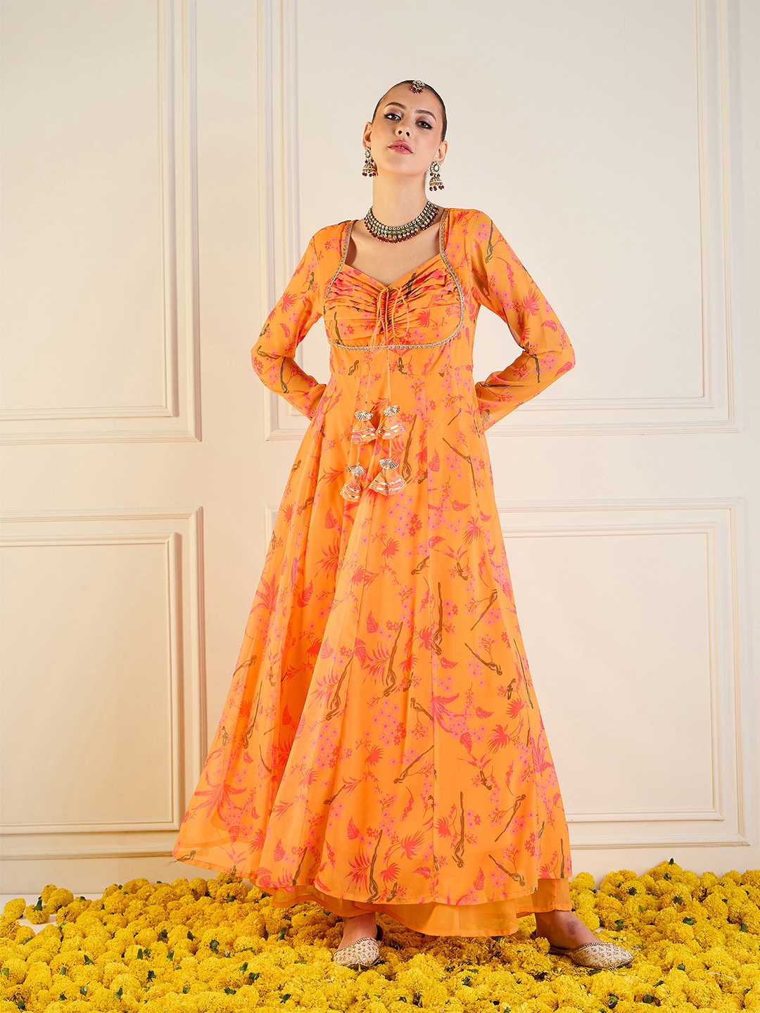 

Women Ethnic Motifs Printed Sequinned Indie Florals Georgette Anarkali Kurta, Mustard