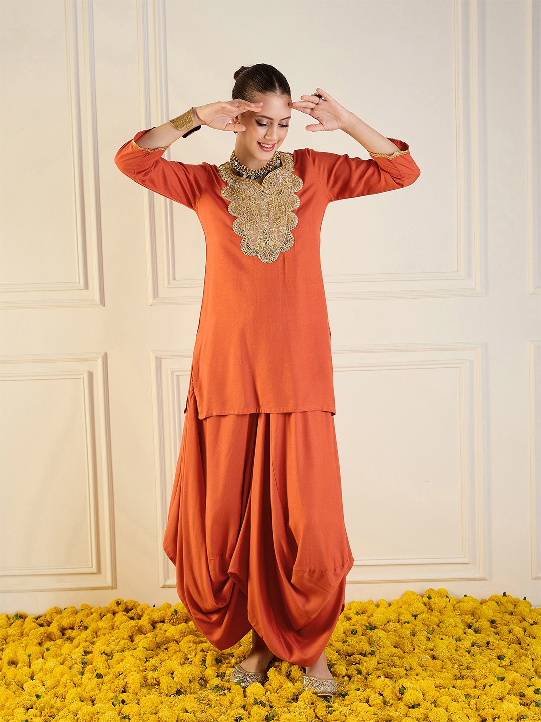 

Shae by SASSAFRAS Embroidered Kurta With Dhoti Skirt, Rust