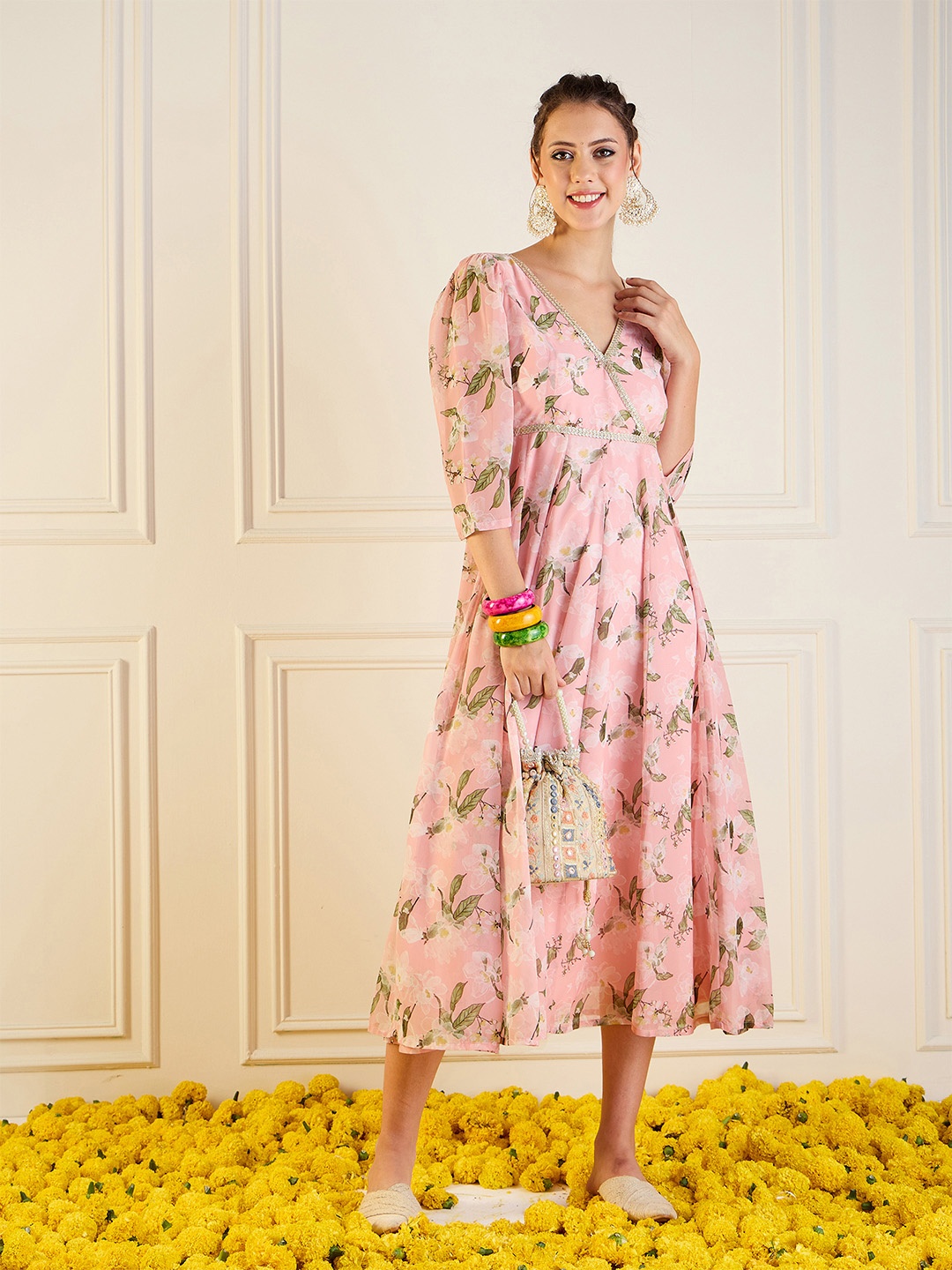 

Shae by SASSAFRAS Floral Print Georgette A-Line Midi Dress, Peach
