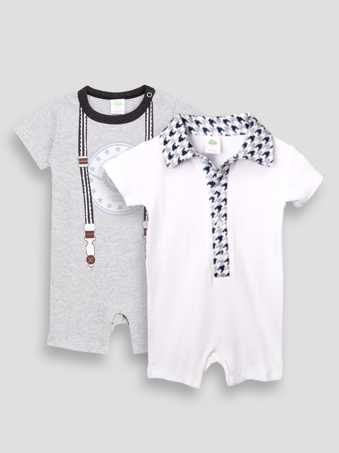 

Fancy Fluff Infant Boys Pack Of 2 Printed Pure Cotton Rompers, White