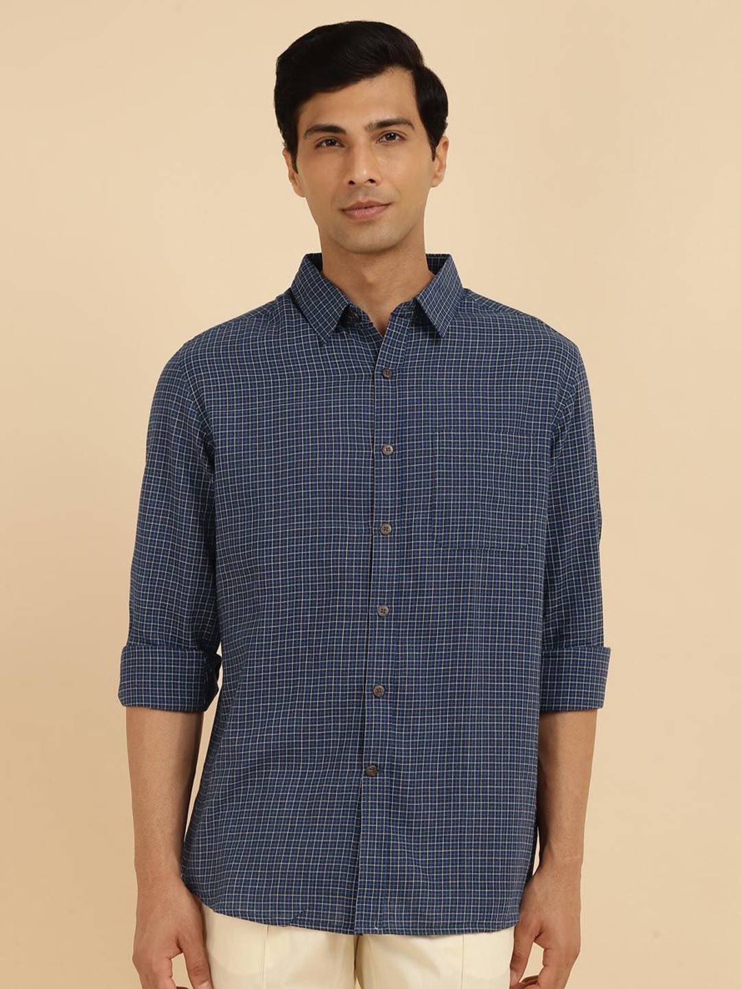 

Fabindia Men Grid Tattersall Checks Opaque Checked Casual Shirt, Blue