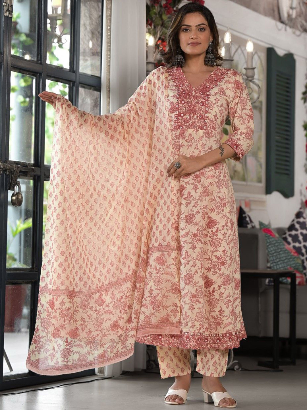 

Juniper Women Floral Printed Panelled Mirror Work Kurta with Trousers & With Dupatta, Cream