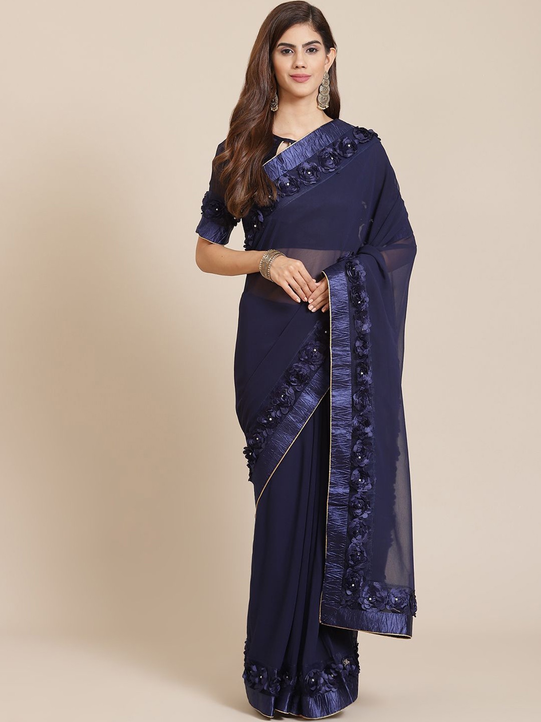 

KALINI Embroidered Pure Georgette Saree, Navy blue