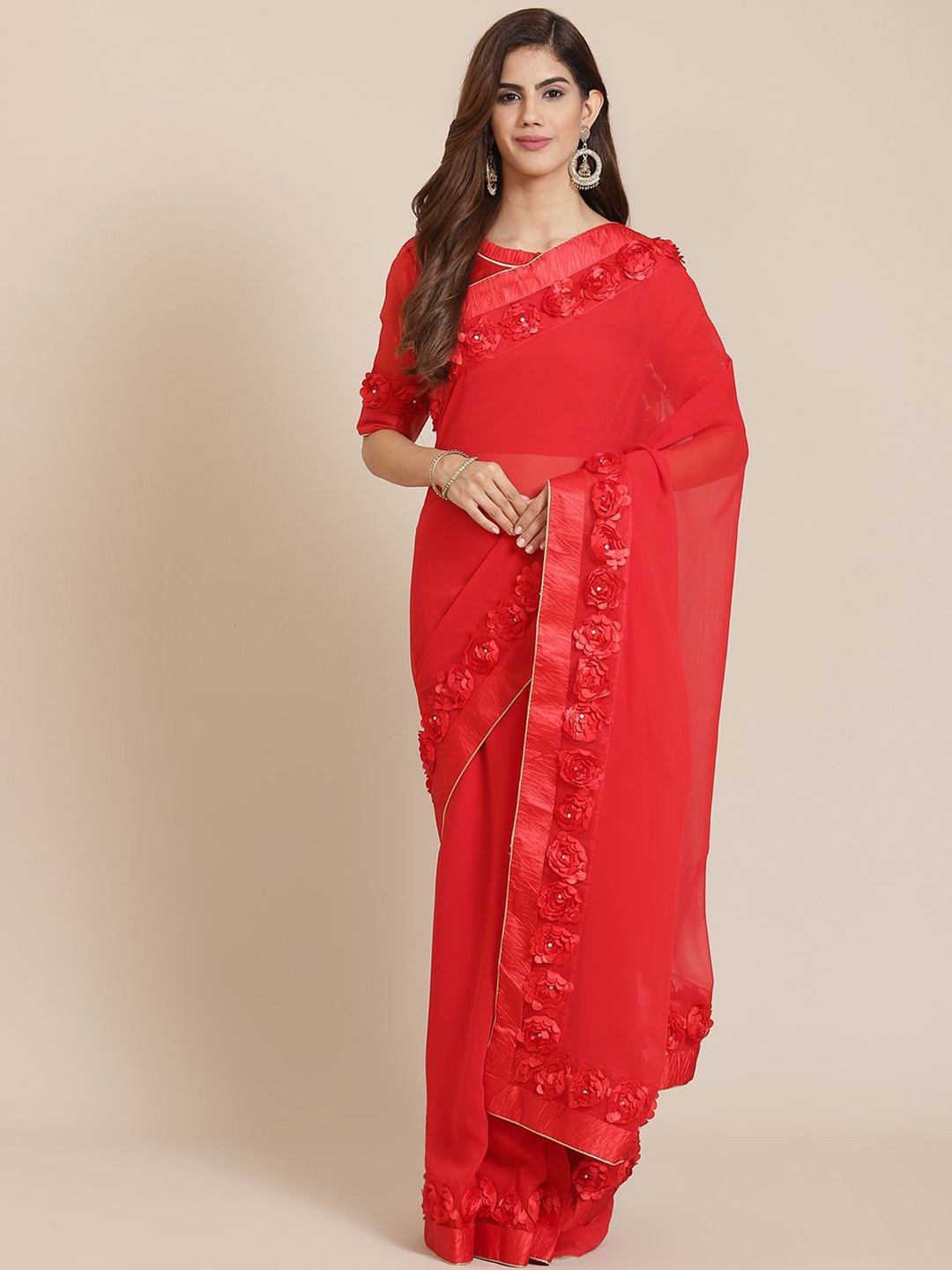 

KALINI Beads and Stones Pure Georgette Saree, Red