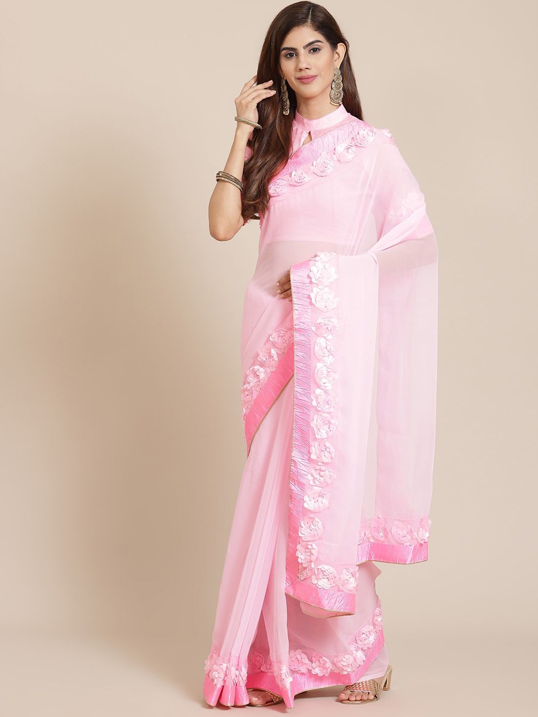 

KALINI Beads and Stones Pure Georgette Saree, Pink