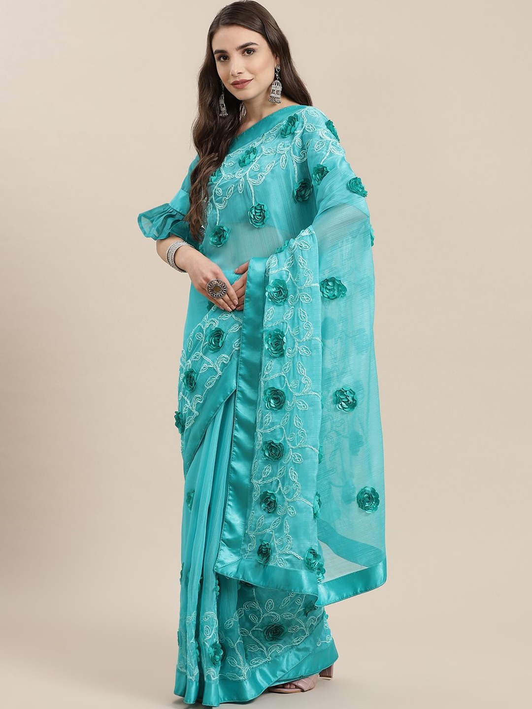 

KALINI Embellished Embroidered Pure Chiffon Saree, Turquoise blue