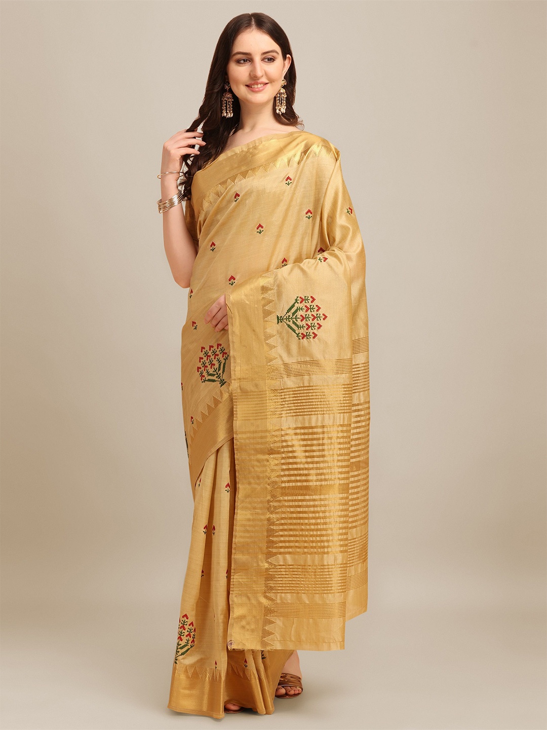

KALINI Floral Zari Silk Cotton Saree, Cream