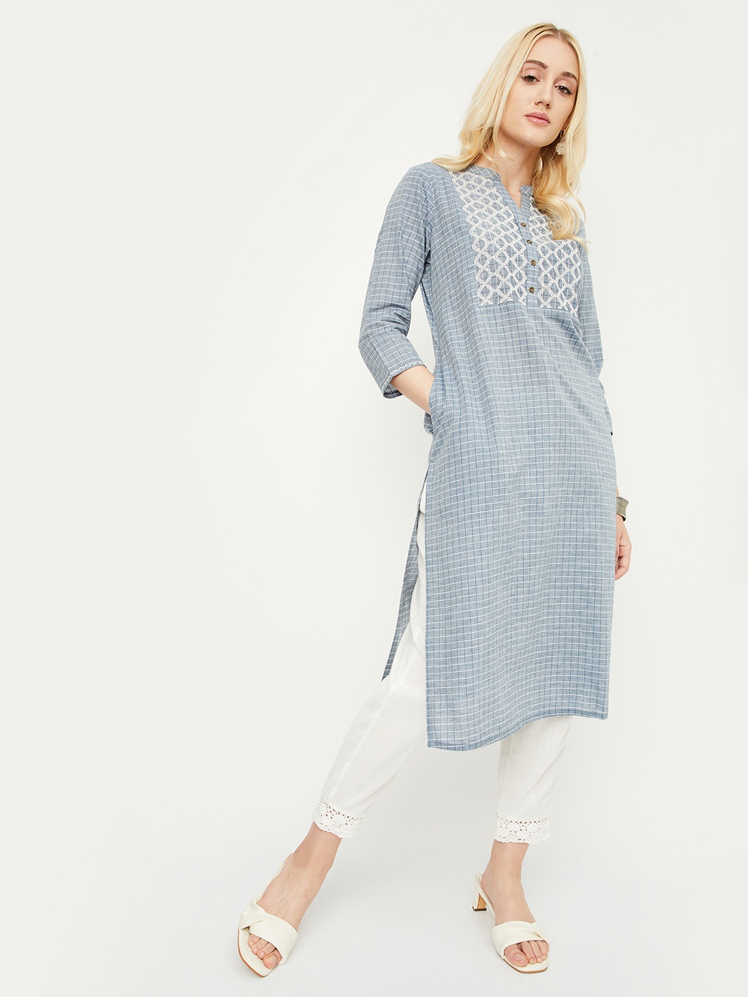 

max Women Floral Printed Thread Work Kurta, Grey