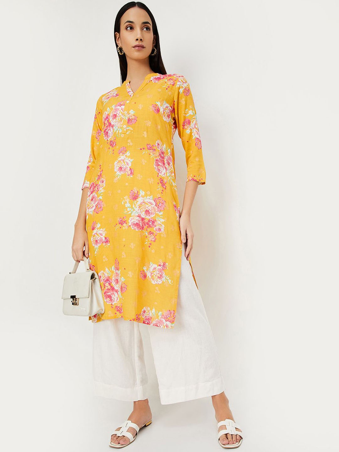 

max Women Floral Printed Thread Work Kurta, Yellow