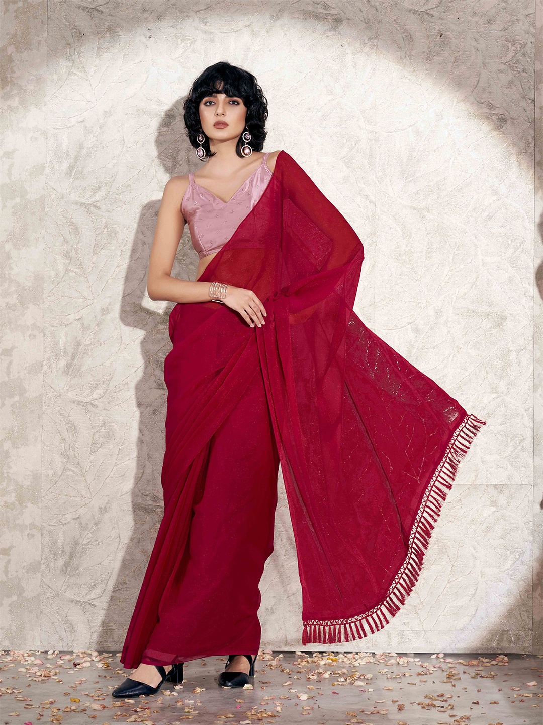 

Tikhi Imli Poly Chiffon Ready to Wear Saree, Red