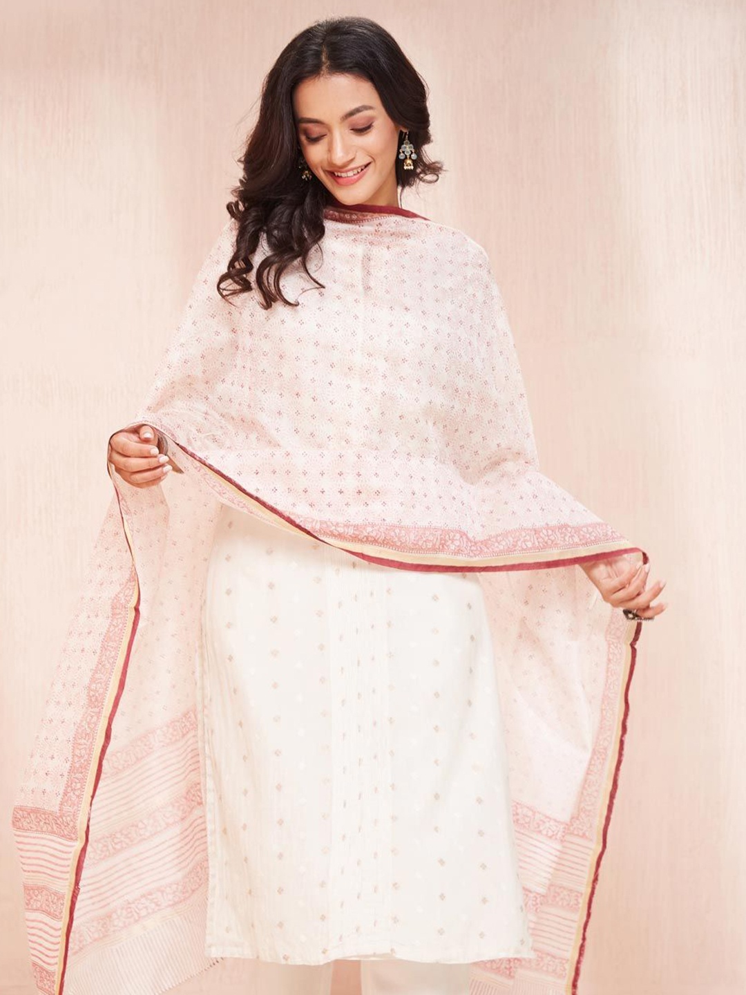 

Fabindia Printed Cotton Silk Dupatta, Pink