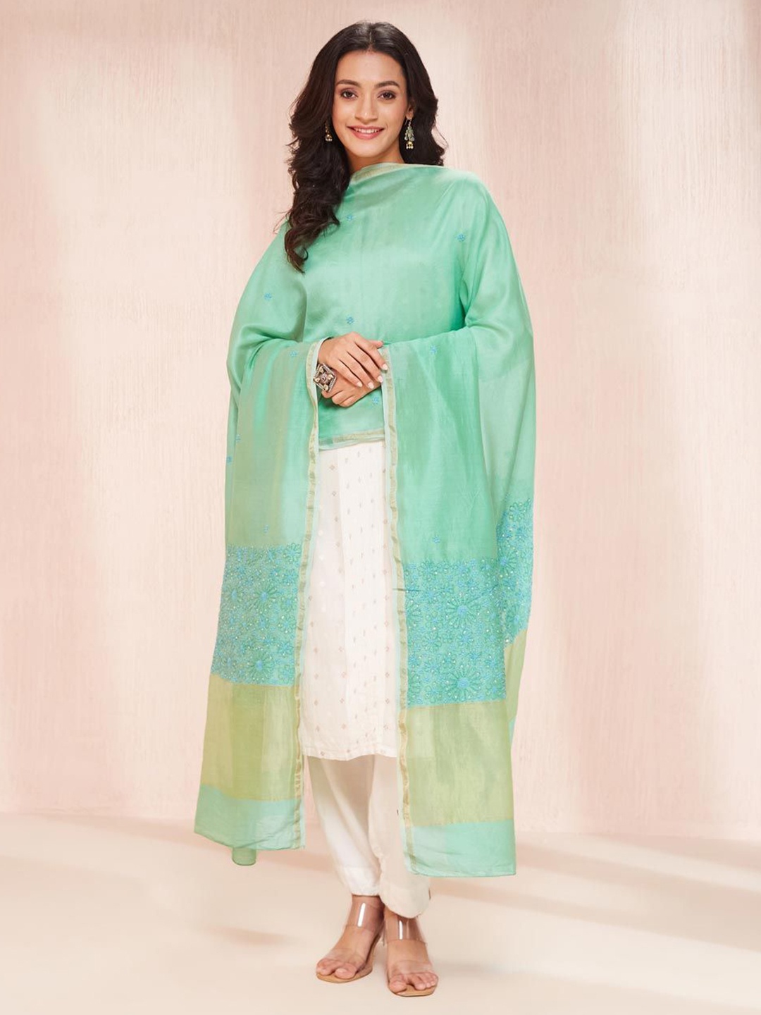 

Fabindia Embroidered Cotton Silk Dupatta, Green