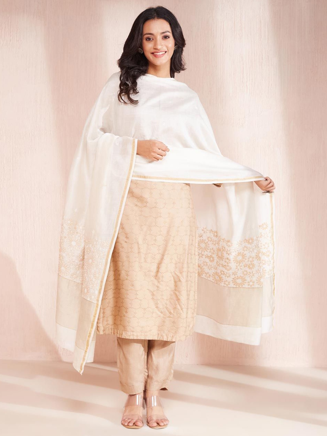 

Fabindia Embroidered Cotton Silk Dupatta, Cream