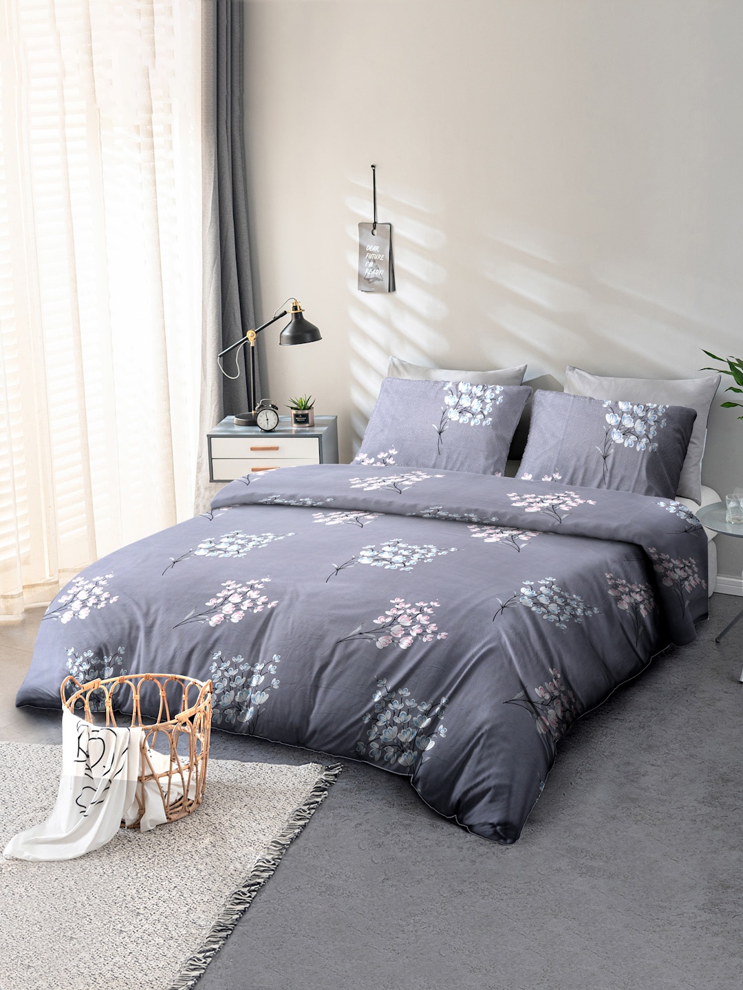 Cortina Grey & Blue Floral 140 TC Queen Bedsheet with 2 Pillow Covers