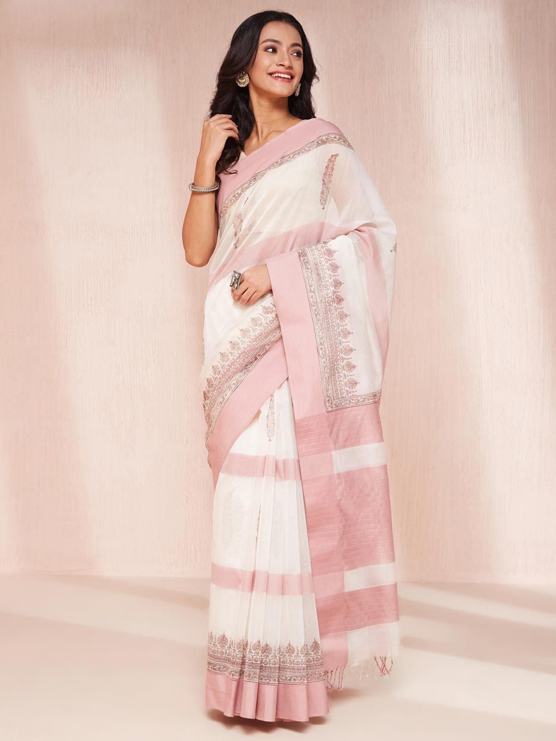 

Fabindia Floral Silk Cotton Block Print Saree, Pink