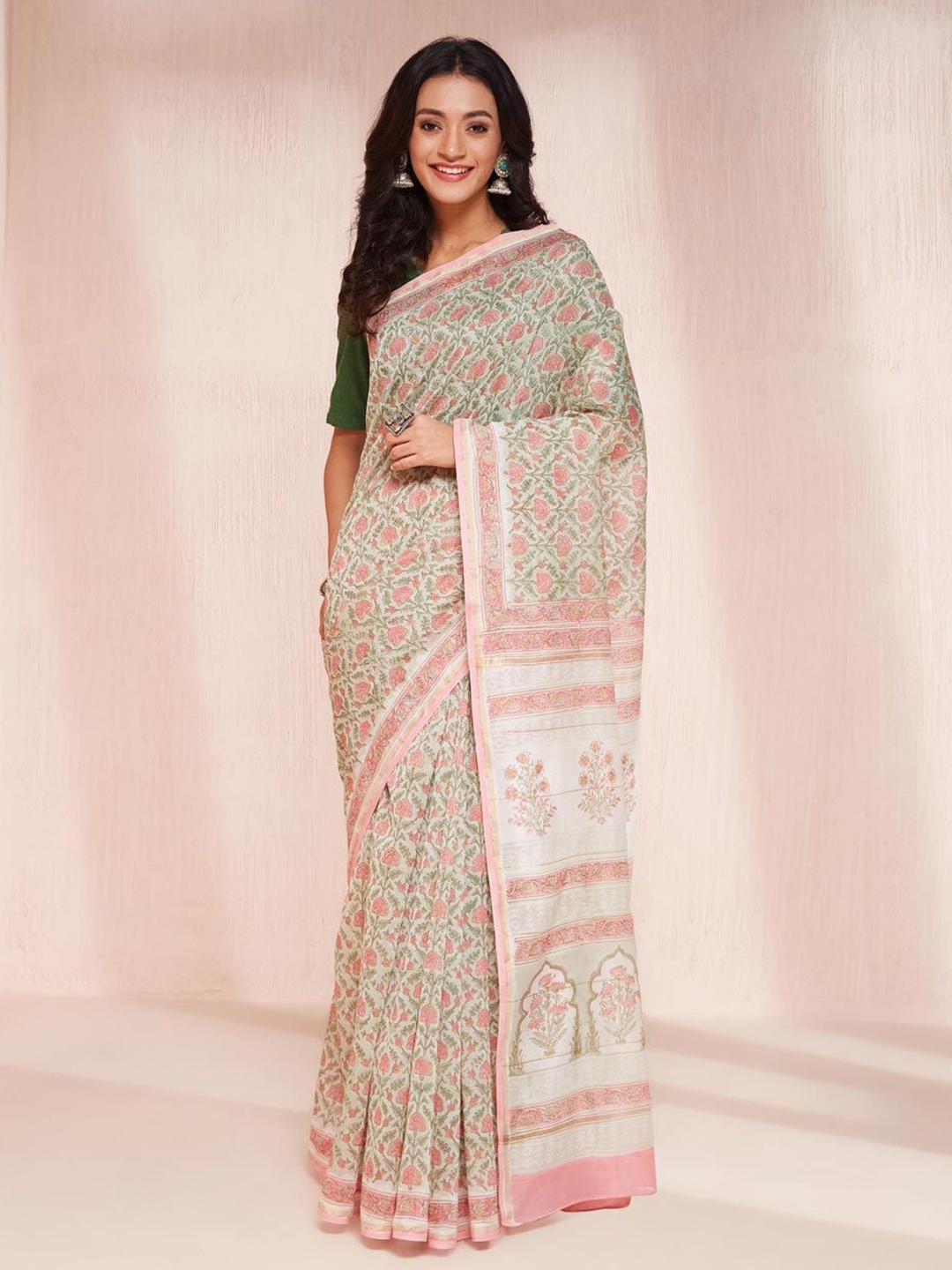 

Fabindia Floral Silk Cotton Block Print Saree, Pink