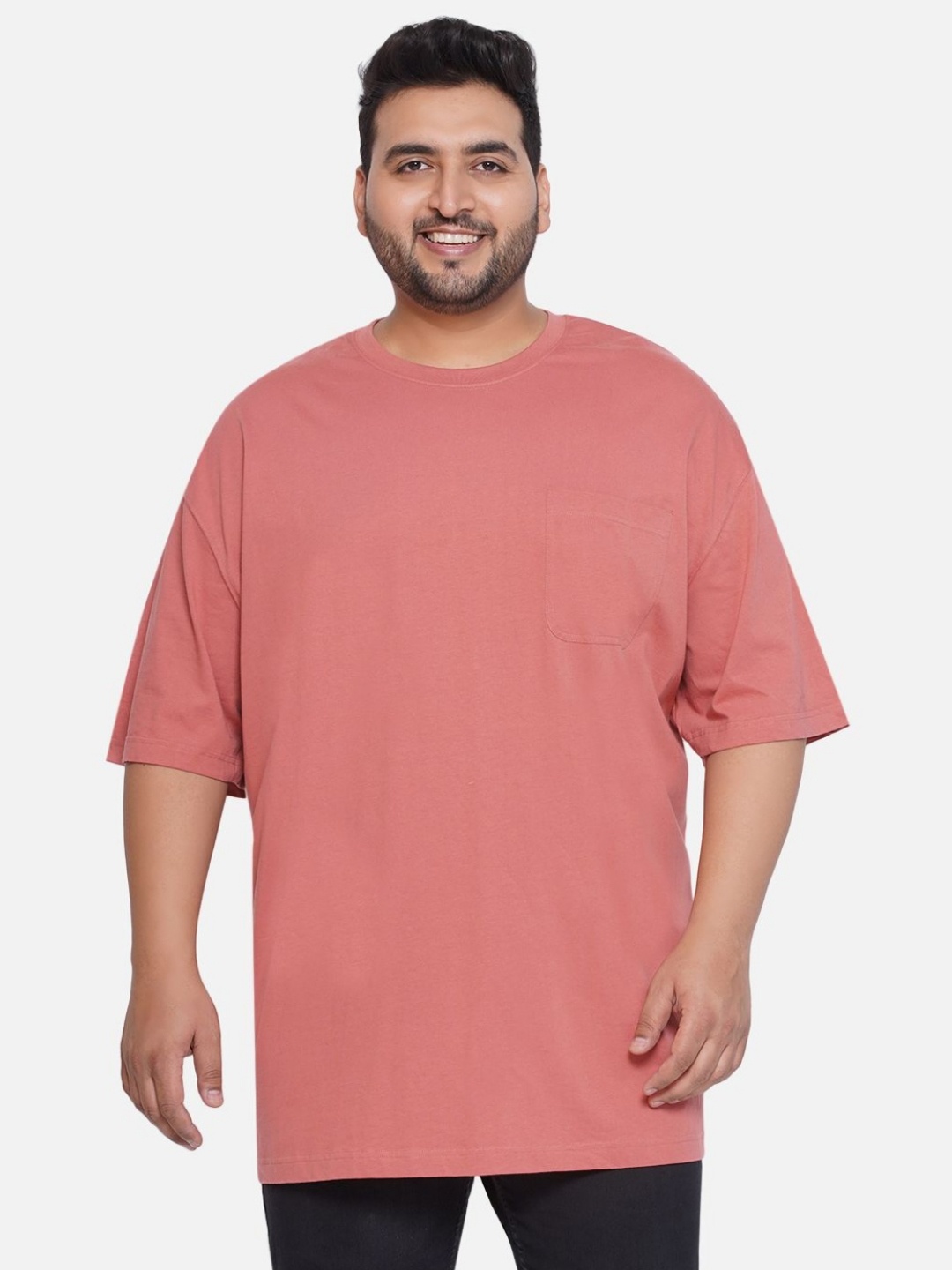 

Santonio Men Checked Drop-Shoulder Sleeves Pockets T-shirt, Peach