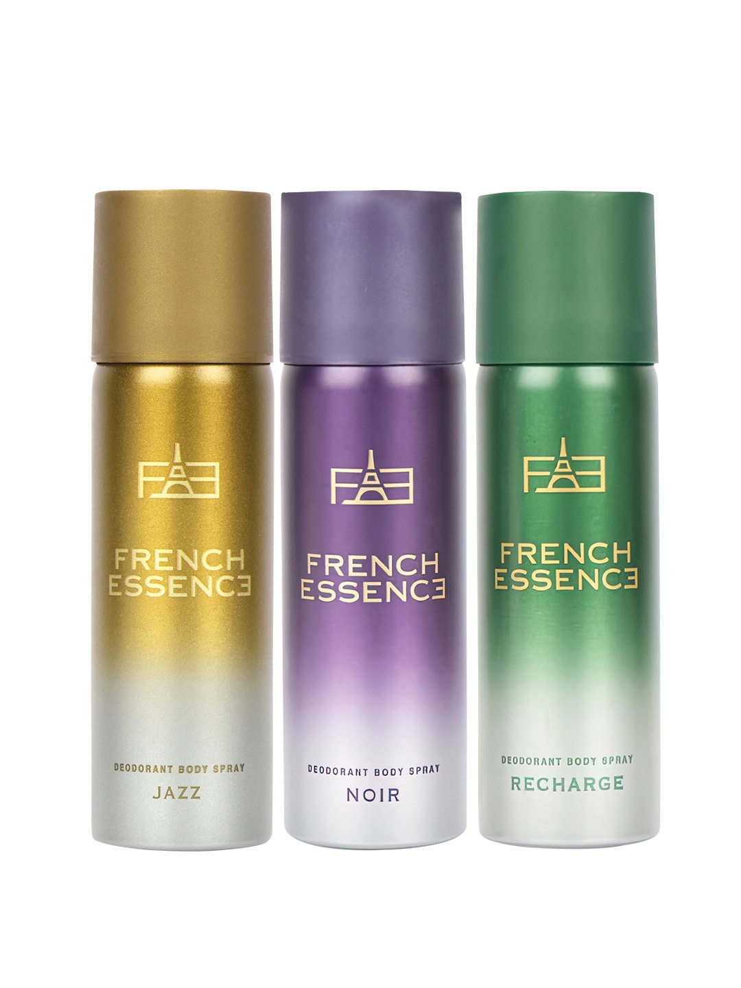 

FRENCH ESSENCE Men Set Of 3 Deodorants Body Spray - 50ml Each - Jazz + Noir + Recharge, Multi