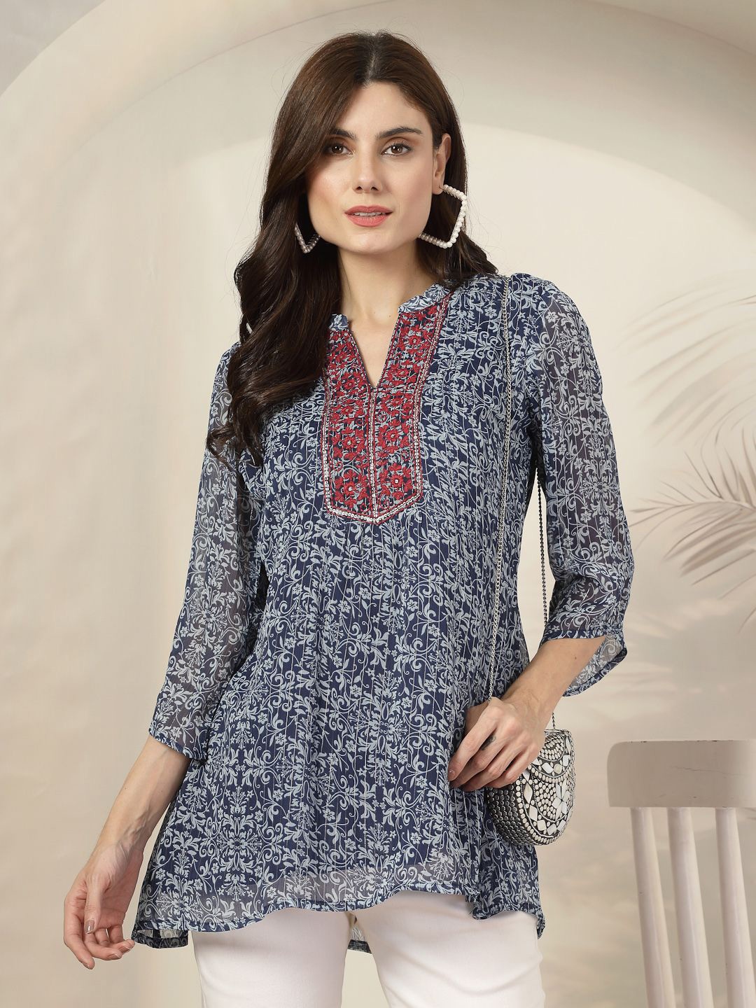 

Nayam By Lakshita Mandarin Collar Printed Bohemian Tunic, Blue