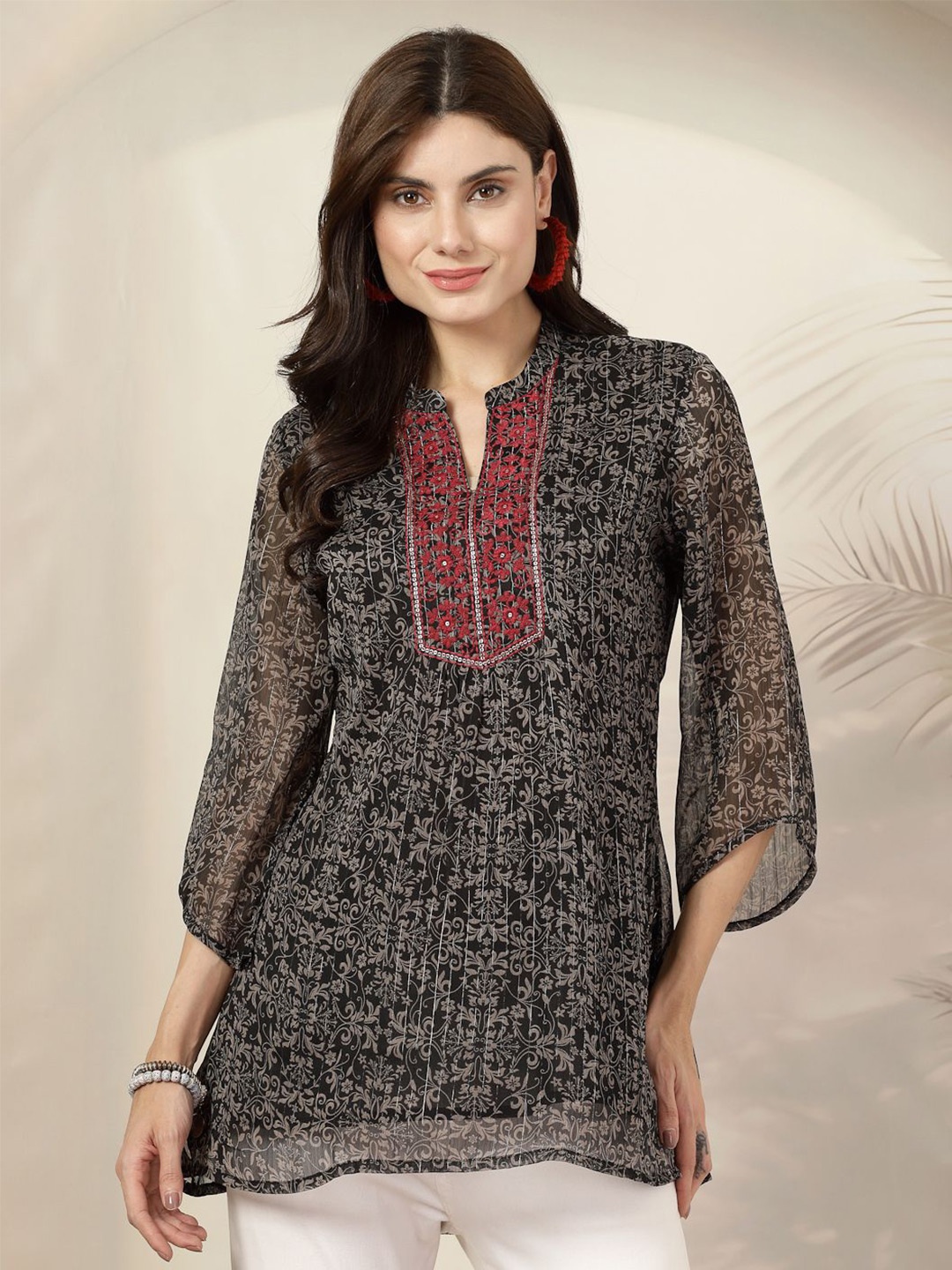 

Nayam By Lakshita Mandarin Collar Printed Bohemian Tunic, Black