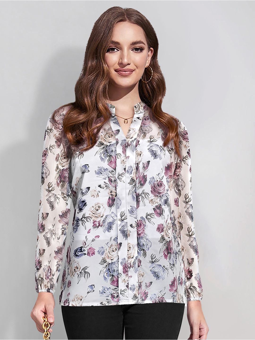 

BAESD Floral Print Mandarin Collar Georgette Top, White