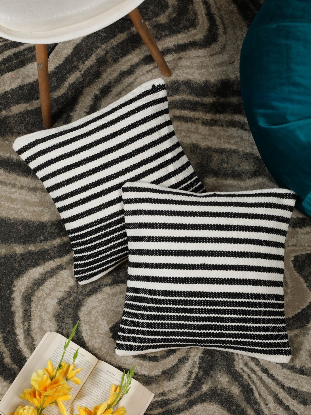 

HOSTA HOMES Black & White Set of 2 Striped Square Cushion Covers