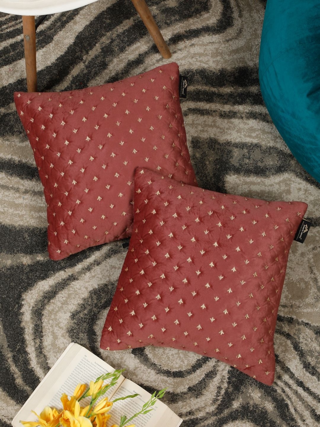

HOSTA HOMES Mauve & Gold-Toned Set of 2 Embroidered Velvet Square Cushion Covers