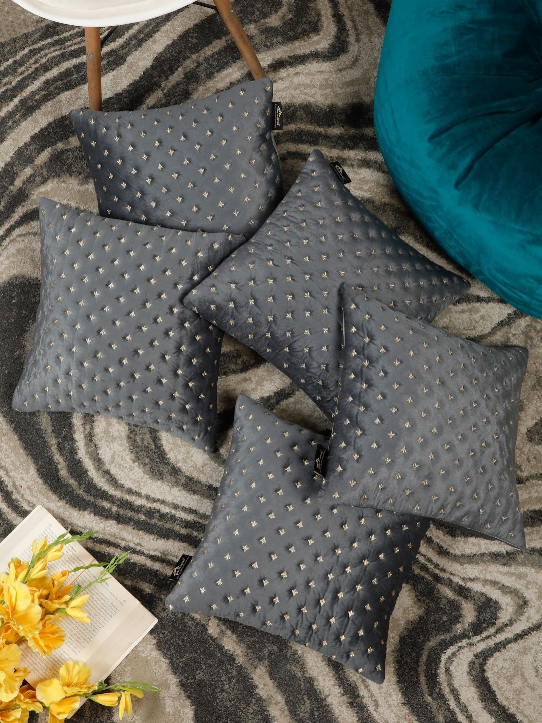 

HOSTA HOMES Grey & Gold-Toned Set of 5 Embroidered Velvet Square Cushion Covers