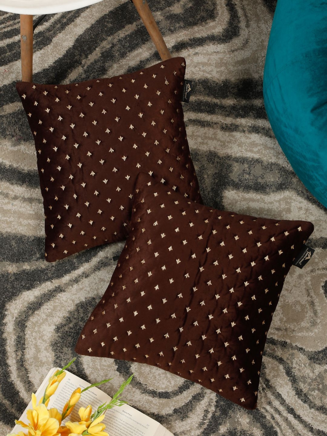 

HOSTA HOMES Brown & Beige Set of 2 Embroidered Velvet Square Cushion Covers