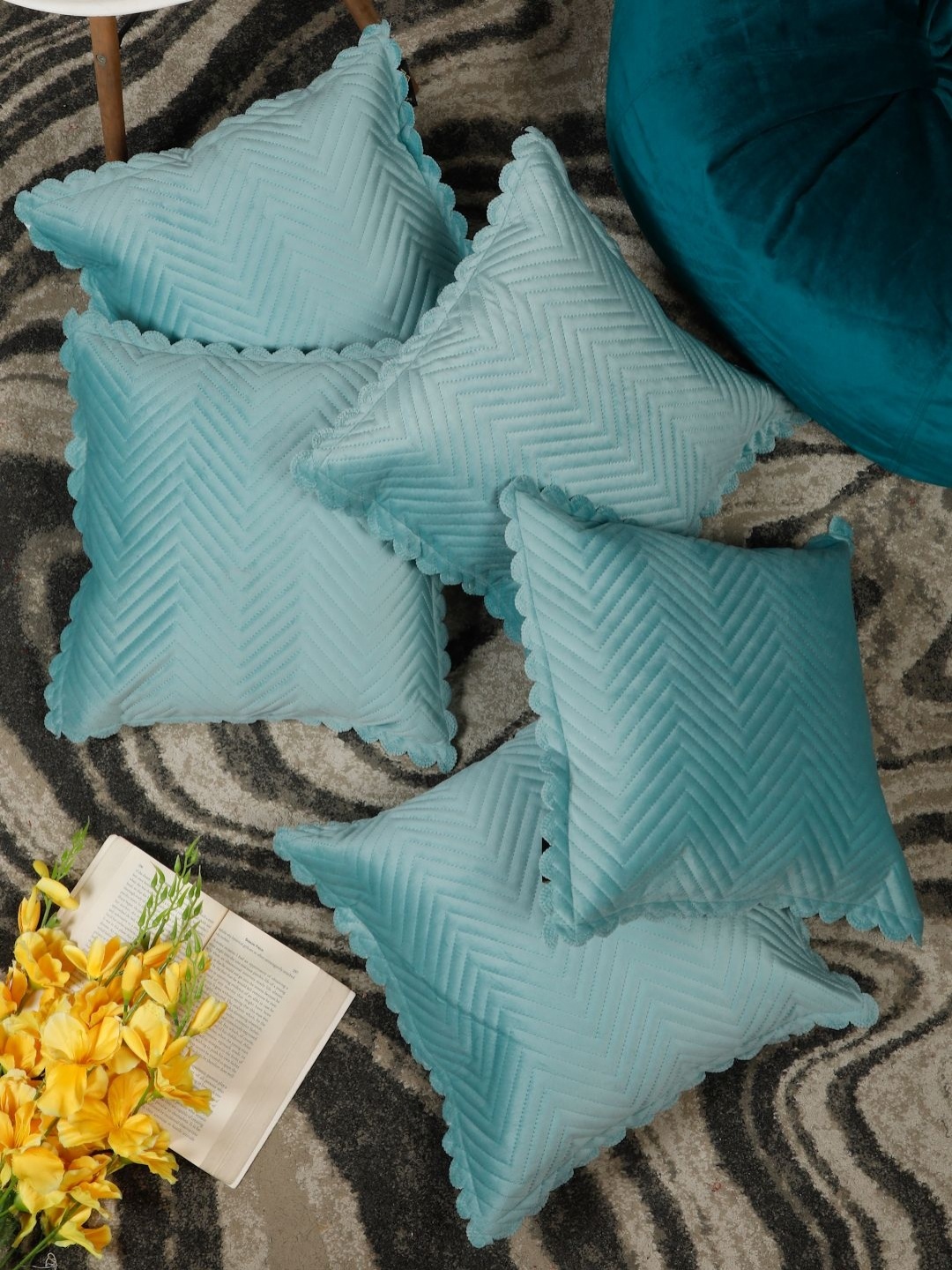 

HOSTA HOMES Turquoise Blue Set of 5 Velvet Square Cushion Covers