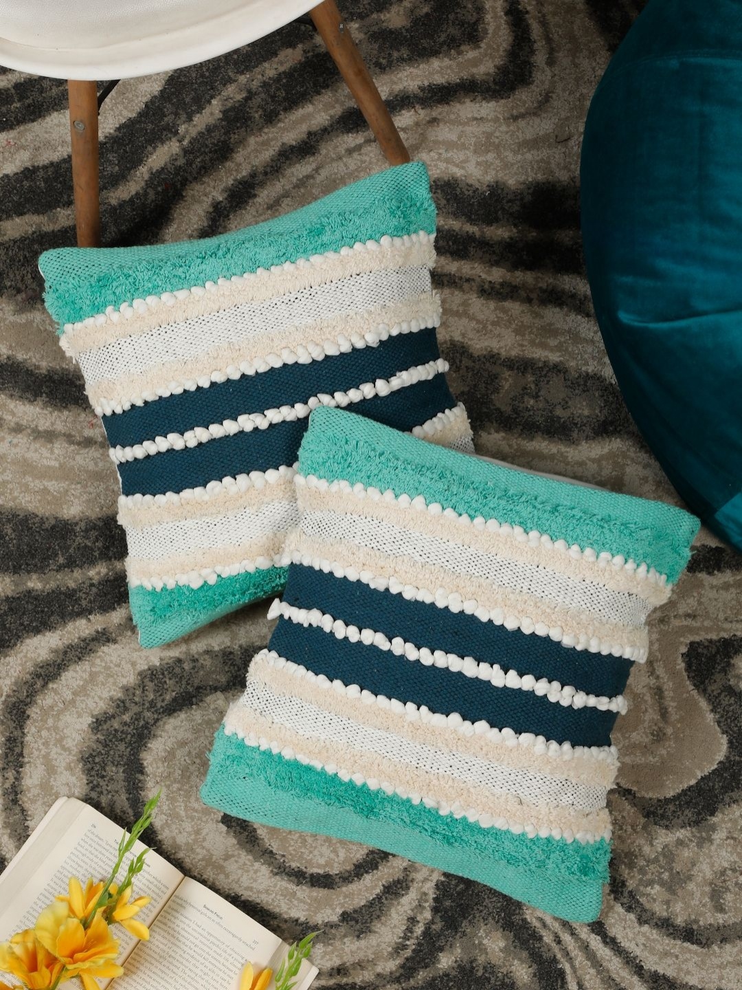 

HOSTA HOMES Green & White Set of 2 Abstract Square Cushion Covers