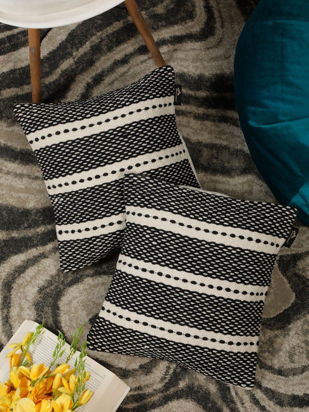 

HOSTA HOMES Black & Cream-Coloured Set of 2 Abstract Square Cushion Covers