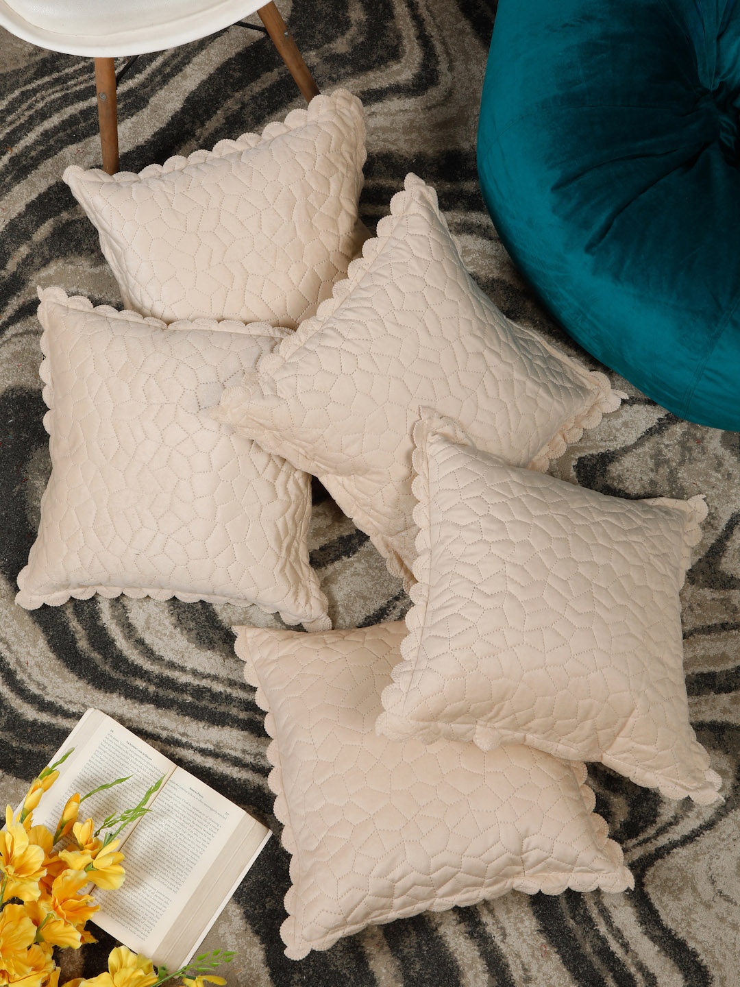 

HOSTA HOMES Cream-Coloured Set of 5 Velvet Square Cushion Covers