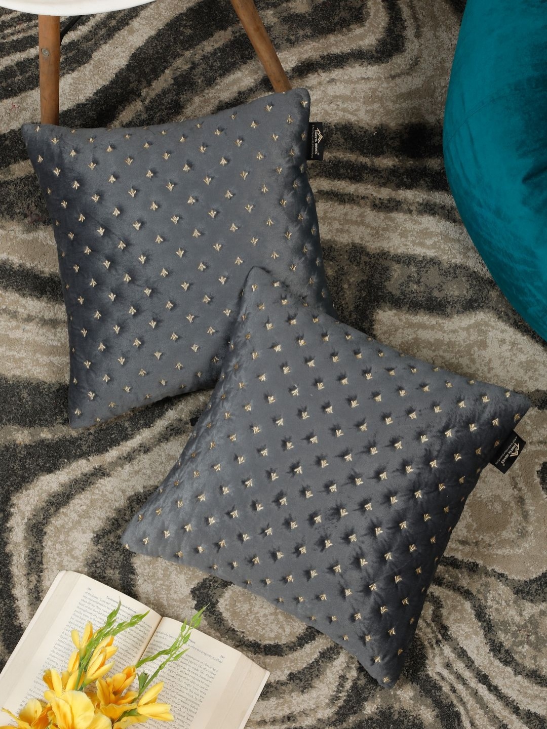 

HOSTA HOMES Grey & Beige Set of 2 Embroidered Velvet Square Cushion Covers
