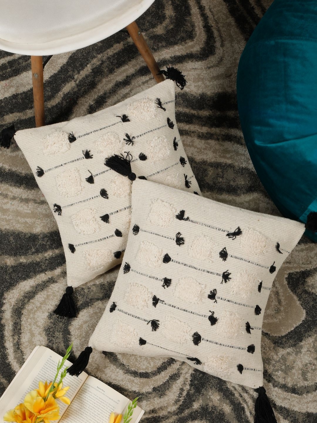 

HOSTA HOMES Off White & Black Set of 2 Ethnic Motifs Square Cushion Covers