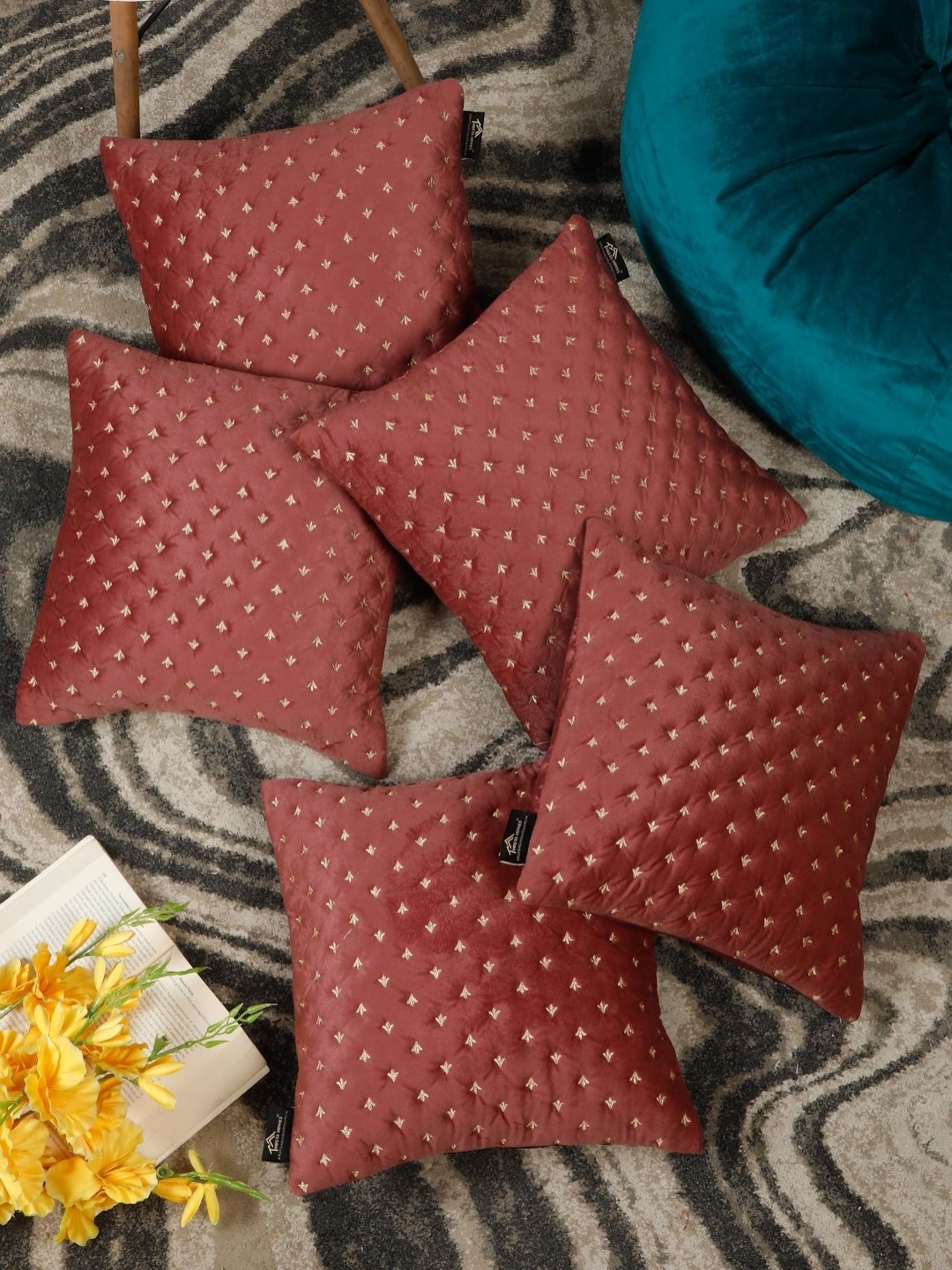 

HOSTA HOMES Maroon & Gold-Toned Set of 5 Embroidered Velvet Square Cushion Covers