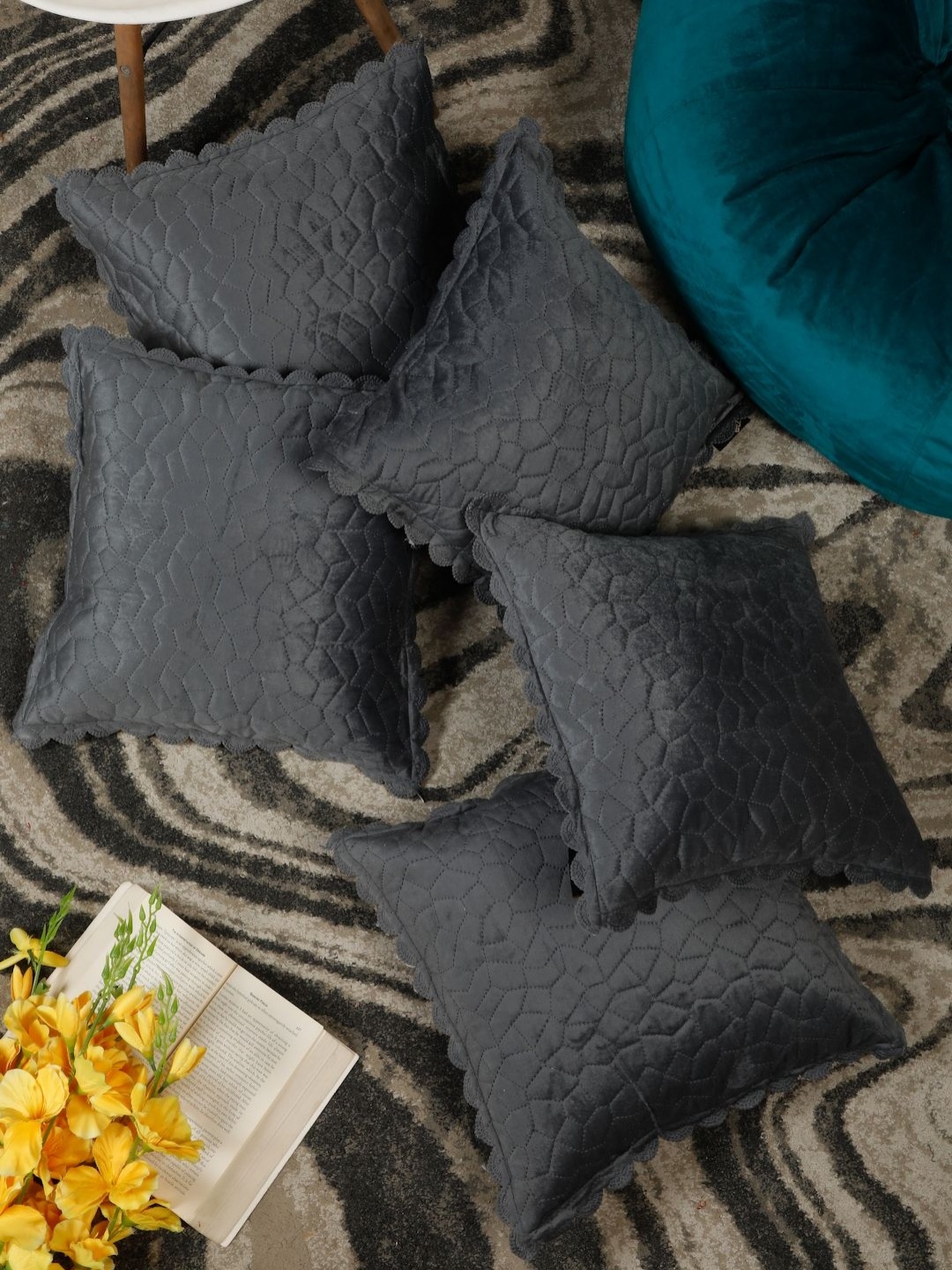 

HOSTA HOMES Black & Grey Set of 5 Velvet Square Cushion Covers