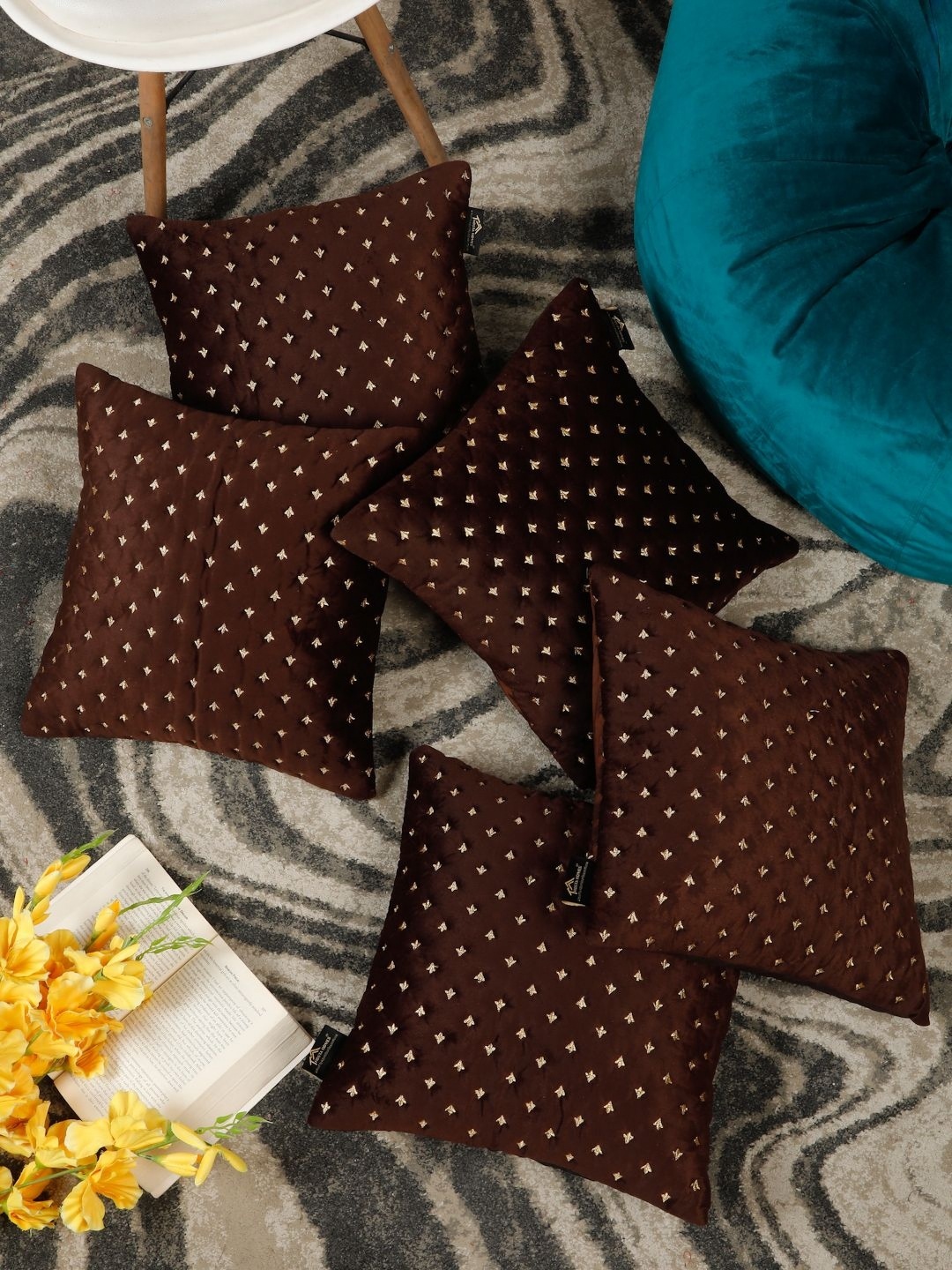 

HOSTA HOMES Brown Set of 5 Embroidered Velvet Square Cushion Covers