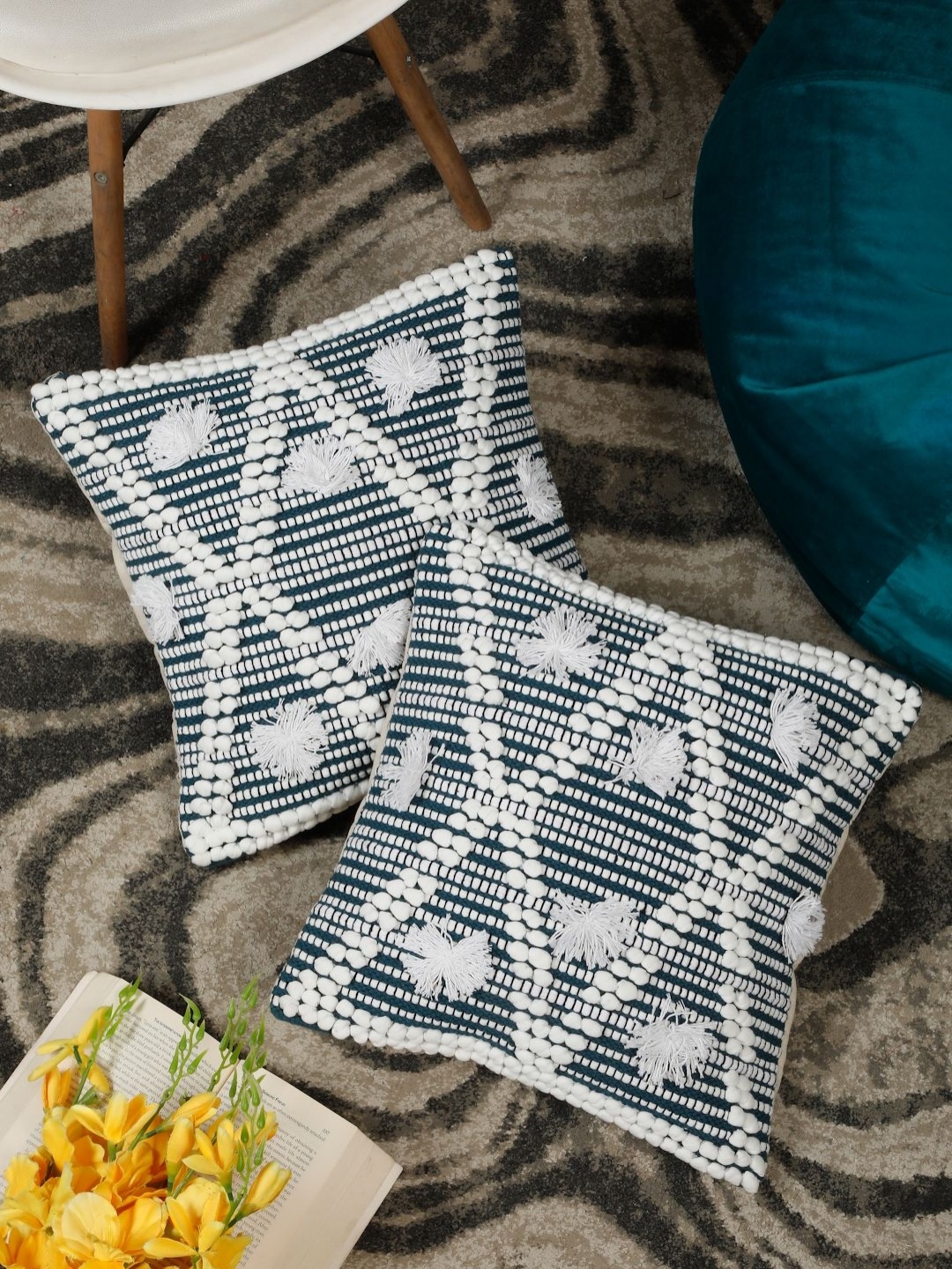 

HOSTA HOMES Teal & White Set of 2 Geometric Square Cushion Covers