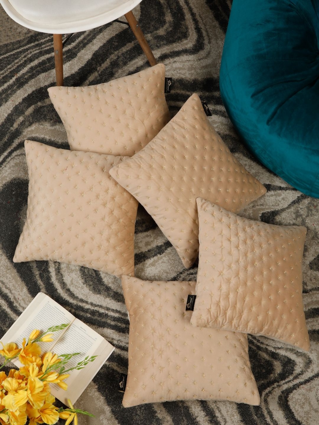 

HOSTA HOMES Cream-Coloured & Gold-Toned Set of 5 Embroidered Velvet Square Cushion Covers