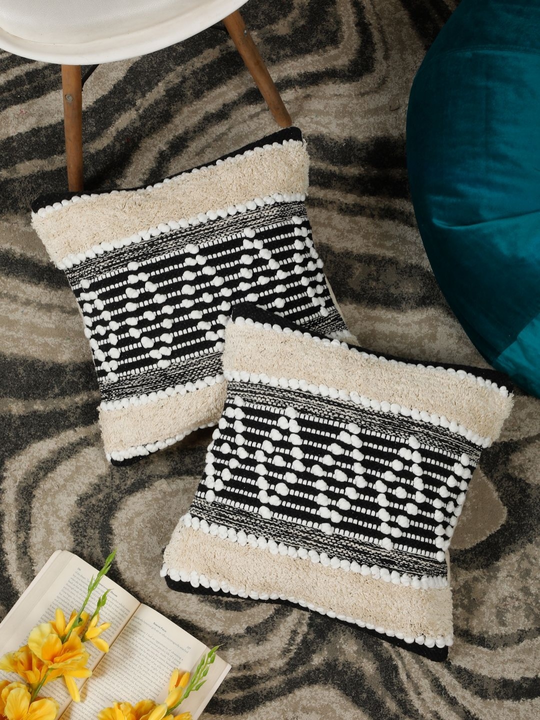 

HOSTA HOMES Beige & Black Set of 2 Abstract Square Cushion Covers
